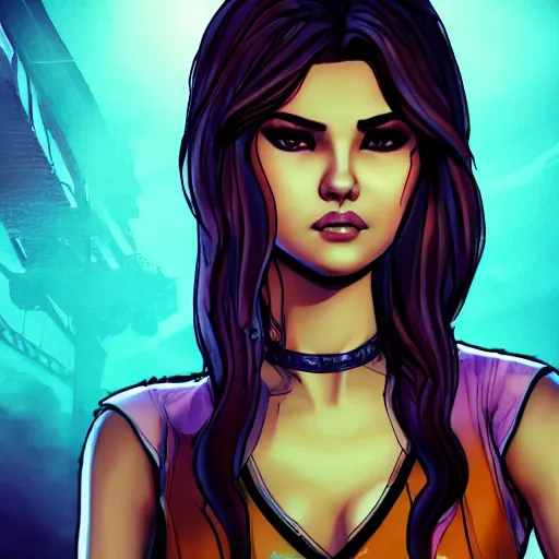 Image similar to selena gomez portrait, borderlands, tales from the borderlands, the wolf among us, comic, cinematic lighting, studio quality, 8 k