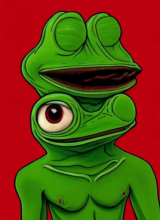 Image similar to depressed pepe the frog!!!, sad, portrait, intricat, highly detailed, digital painting, artstation, concept art, wallpaper, smooth, sharp focus, illustration, art by matt furie and artgerm and greg rutkowski and alphonse mucha