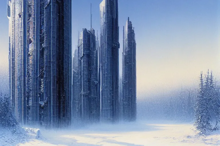 Prompt: futurist singular skyscraper in the taiga, ominous, winter, morning, peter elson