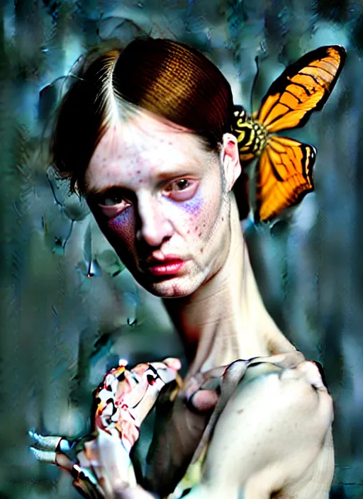 Image similar to cinestill 5 0 d portrait shot of a beautiful woman metamorph mantis in style of tim walker by roberto ferri realistic render, 8 k, micro detail, translucent body intricate detailed, 1 5 0 mm lens, f 1. 4, sharp focus, ethereal, emotionally evoking, head in focus, bokeh volumetric lighting, tonal colors outdoor