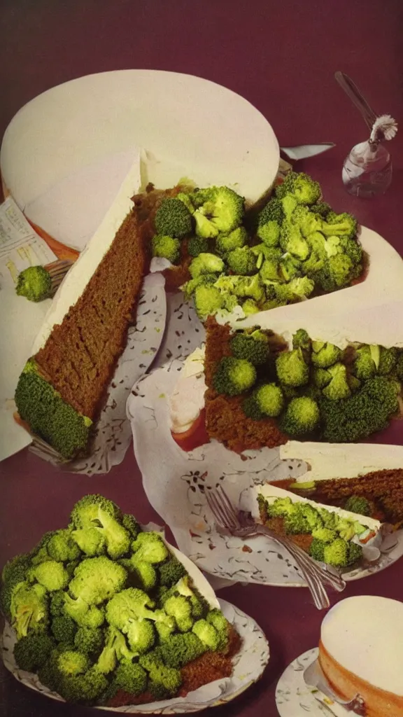 Image similar to 7 0 s food photography of a cake made out of broccoli and farts