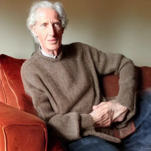 Prompt: cozy picture of older handsome lord richard is sitting gracefully on a sofa, his eyes look wise, happy wise