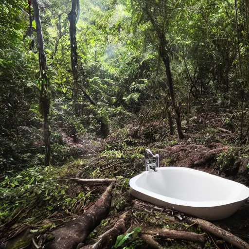 Prompt: pristine bath filled with bubbles in a clearfelled jungle, slash and burn, deforestation