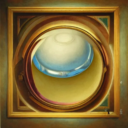 Image similar to still life painting of a room with a marbled pedestal displaying an ancient holy artifact centered in frame and shaped like a torus, chromed and ornate with gentle iridescent shine from within. perspective from the side and centered. realistic light and shadows. moody fantasy magical, still life renaissance pastel painting. focused