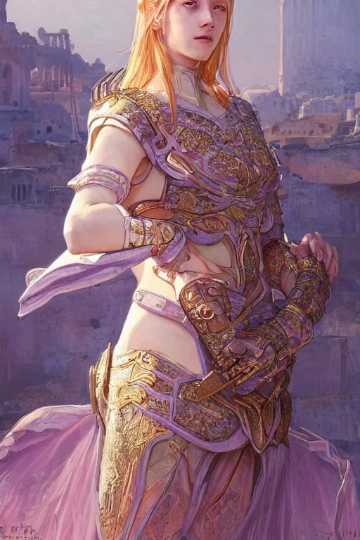 Prompt: portrait knights of Zodiac girl, metalic pink and pale violet reflected armor, in ruined Agora of Athens sunrise, ssci-fi, fantasy, intricate, very very beautiful, elegant, golden light, highly detailed, digital painting, artstation, concept art, smooth, sharp focus, illustration, art by tian zi and WLOP and alphonse mucha