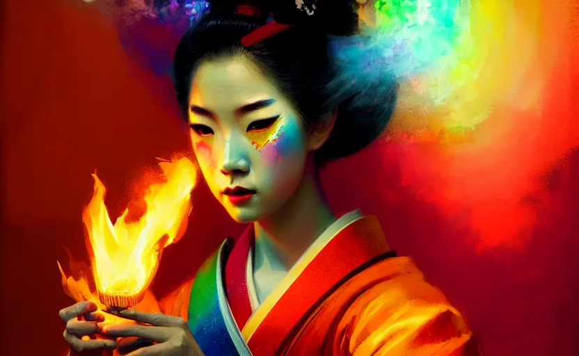 Image similar to female geisha girl holding a flame of rainbow, beautiful face, colourful, rule of thirds, thousands of colors, intricate outfit, spotlight, by greg rutkowski, by jeremy mann, digital painting