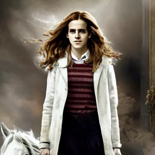 Image similar to hermione granger transforming into white horse in the middle of a living room, emma watson turning into a mare