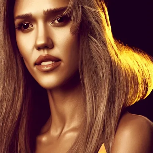 Image similar to model face photo of jessica alba as super saiyan powering up long hair by annie leibovitz