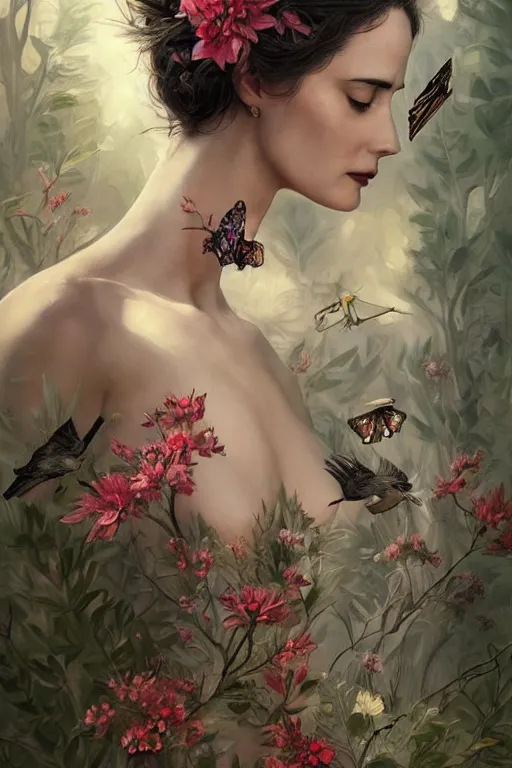 Prompt: ultra realistic illustration, eva green, with flowers, butterflies, birds, branches sprouting from her head, elegant, highly detailed, digital painting, concept art, soft, sharp focus, illustration, artgerm and greg rutkowski and alphonse much -