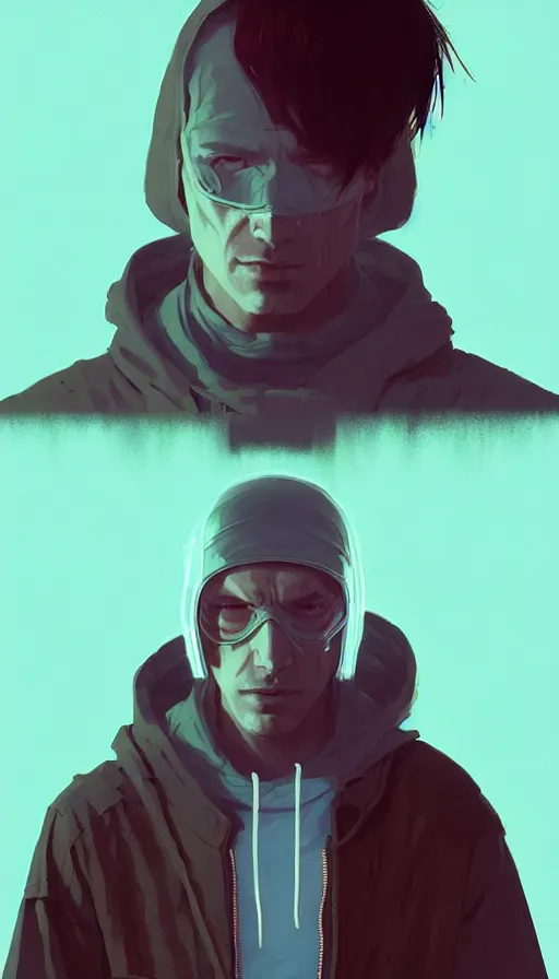 Image similar to cyberpunk synth, hyper - realistic portrait of a man in a hoodie, cyberpunk, by atey ghailan, by greg rutkowski, by greg tocchini, by james gilleard, by joe fenton, by kaethe butcher, dynamic lighting, gradient light blue, brown, blonde cream and white color scheme, grunge aesthetic