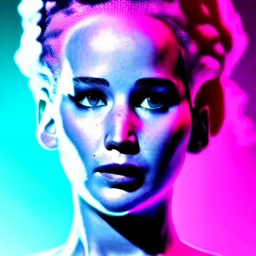 Image similar to jennifer lawrence as the bride of frankenstein, macro photography, glowing retinas, vaporwave, fuscia cyan yellow white light