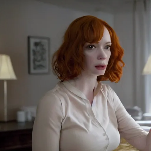 Image similar to amazing beautiful Christina Hendricks with mouth wide open in the living room, film still from the movie directed by Denis Villeneuve , wide lens