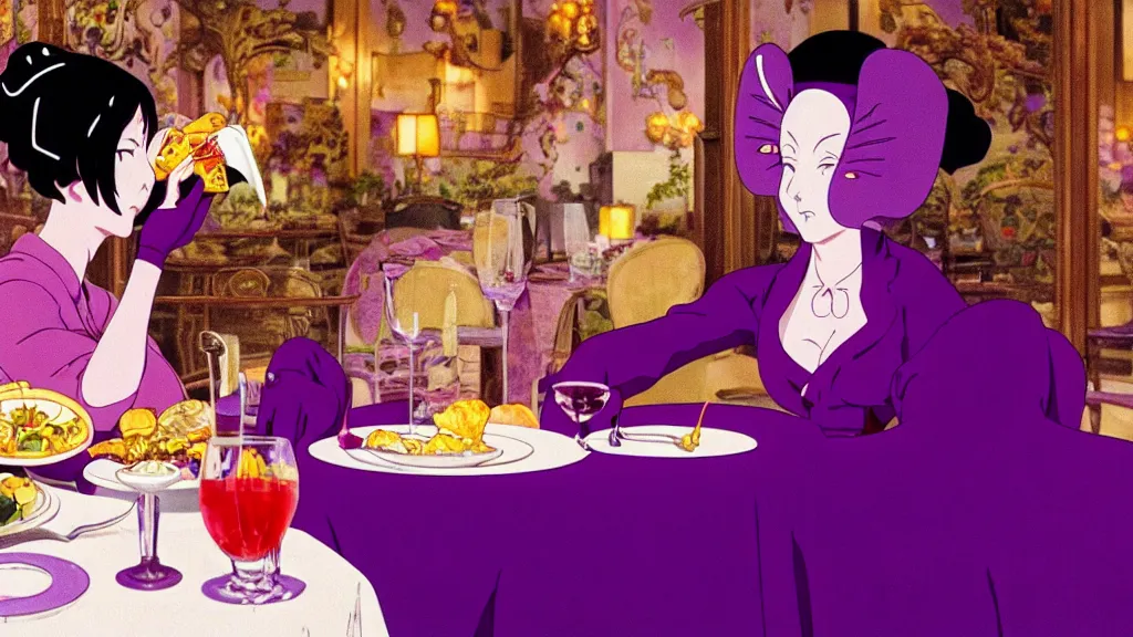 Prompt: a woman wearing a purple dress and wearing a purple slug mask eating dinner at a fancy French restaurant in Tokyo, anime film still from the an anime directed by Katsuhiro Otomo with art direction by Salvador Dalí, wide lens