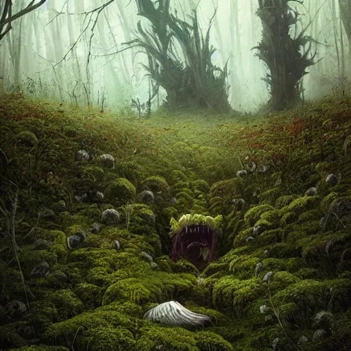 Image similar to a beautiful terrifying monster made out of moss and flowers, emerging from the undergrowth. ethereal horror fantasy art by greg rutkowski