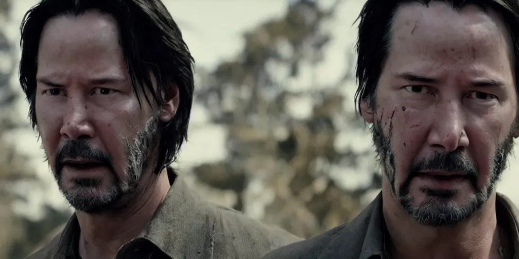 Image similar to old keanu reeves in Logan, cinematic, blood, ultrawide angle