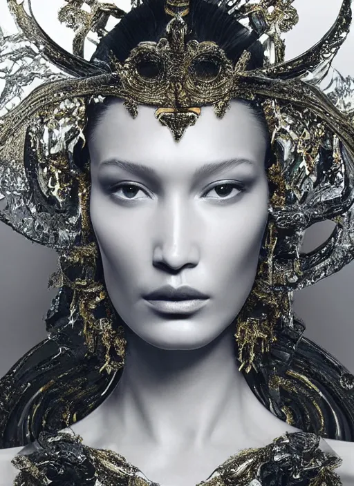 Prompt: sculpture made of glass and ice, portrait of Bella Hadid::female, liquids, caustics, transparency, harper's bazaar, vogue, magazine, insanely detailed and intricate, concept art, close up, ornate, luxury, elite, elegant, trending on artstation::by ruan jia, by Kenneth Willardt, by ross tran, by WLOP, by Andrei Riabovitchev