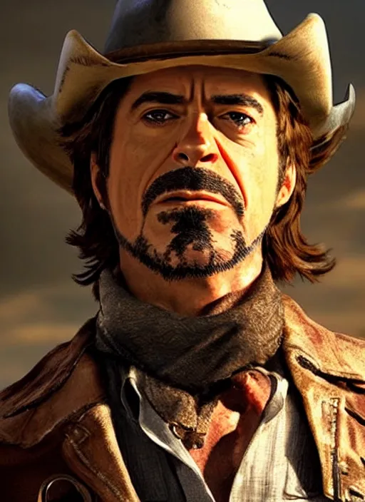 Prompt: an film still of robert downey jr as cowboy with beard, western background, unreal engine. amazing likeness. very detailed.