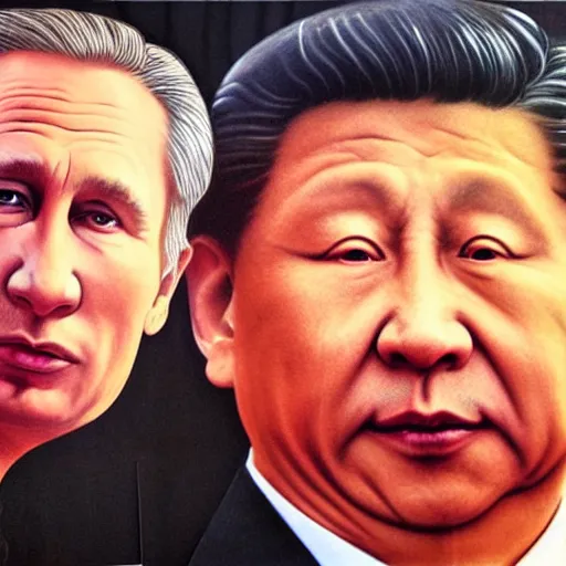 Image similar to “Roger Waters beside Xi Jinping and Vladimir Putin, evil, oil painting, 4k”