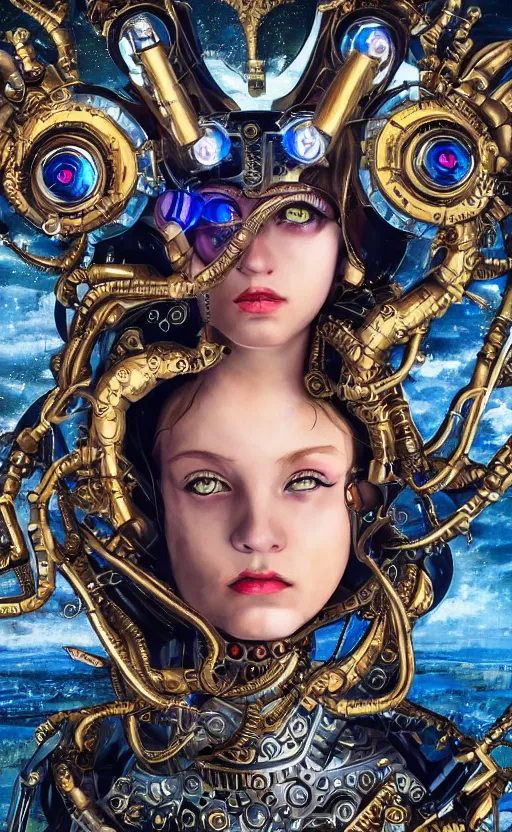 Image similar to the young cyborg girl, piercing glowing eyes, fashion ornate royal armor, striking composition, highly detailed ornate sci fi background, vogue poses, striking composition, vivid details, wires, glowing tubes, beautiful composition, mural in the style of sandro botticelli, caravaggio, albrecth durer, 8k