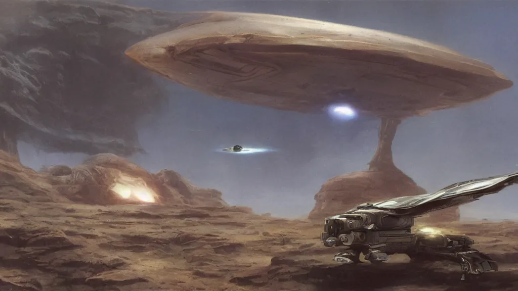 Image similar to small organic dropship lander by john schoenherr and jim burns, epic cinematic matte painting