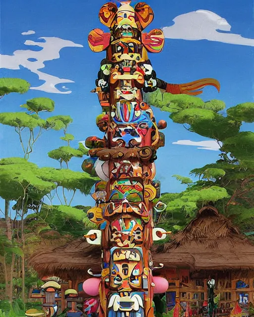 Prompt: a painting of a tribal tiki hut with a totem pole by its side, a surrealist painting by Takashi Murakami and by Takato Yamamoto, Naoto Hattori, Edward Hopper and James Gilleard, Zdzislaw Beksinsk, by Jesper Ejsing, by RHADS, Makoto Shinkai and Lois van baarle, trending on deviantart, pop surrealism, lowbrow, grotesque, whimsical