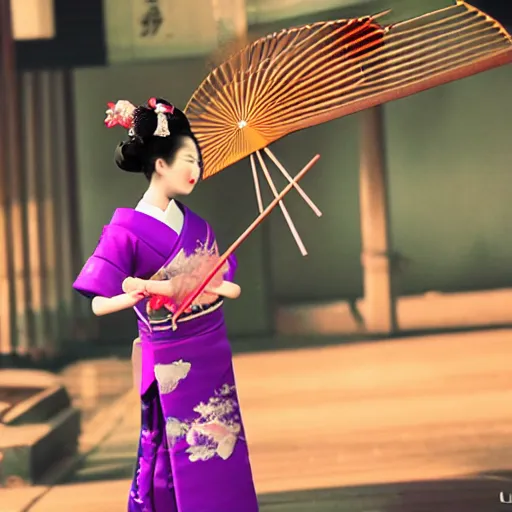 Image similar to Japanese geisha with beautiful violet paper fan, 4k photography, 30 mm lens, cinematic light, warm atmosphere, in style of Kar Wai Wong, cigarette smoke trail