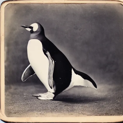 Image similar to ! dream tintype photo of a penguin playing, 1 8 8 0 s