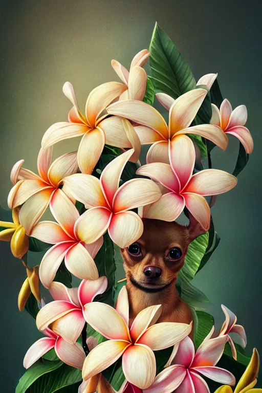 Image similar to ultra realistic illustration, portrait of a tan chihuahua plumeria tropical bouquet background, close up shot, fantasy, intricate, elegant, highly detailed, digital painting, artstation, concept art, smooth, sharp focus, illustration, surrealism