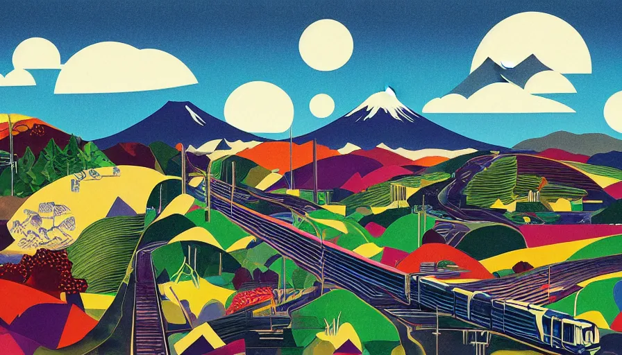 Image similar to award winning graphic design poster, cutouts constructing an contemporary art depicting a lone mount fuji and hills, rural splendor, and bullet train, isolated on white, and bountiful crafts, local foods, edgy and eccentric abstract cubist realism, composition confined and isolated on white, mixed media painting by Leslie David and Lisa Frank for juxtapose magazine