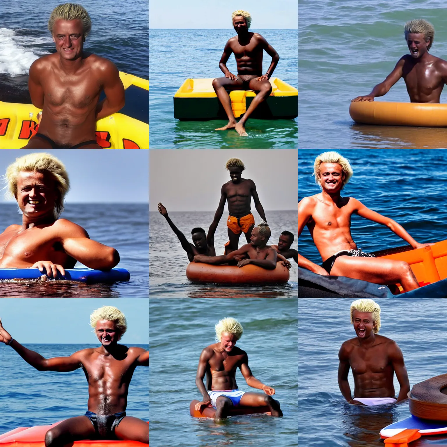 Prompt: shirtless african geert wilders on a small raft at sea