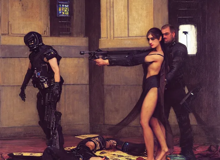 Image similar to sophia evades sgt Griggs. Cyberpunk hitwoman wearing jumpsuit escaping police troopers (blade runner 2049). Gorgeous face. Iranian orientalist portrait by john william waterhouse and Edwin Longsden Long and Theodore Ralli and Nasreddine Dinet, oil on canvas. Cinematic, hyper realism, realistic proportions, dramatic lighting, high detail 4k