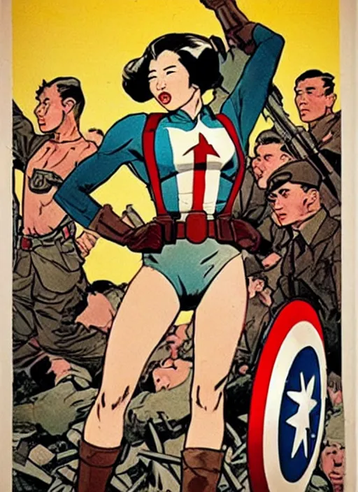 Image similar to beautiful female asian captain america standing on a pile of defeated, beaten and broken german soldiers. feminist captain america wins wwii. american wwii propaganda poster by james gurney. gorgeous face. overwatch