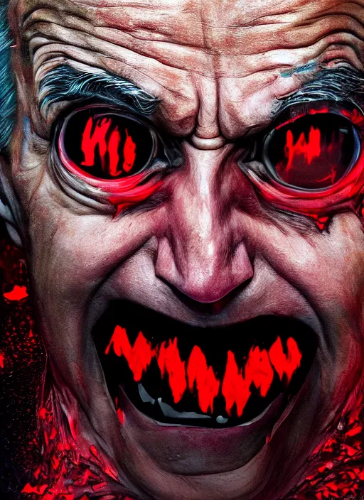 Image similar to Joe Biden, hyper realistic ultra realistic horror terror dimensional photo furious glowing red eyes, extreme fear, panic, psychotic, Joe Biden , high quality photo, detailed , 8k