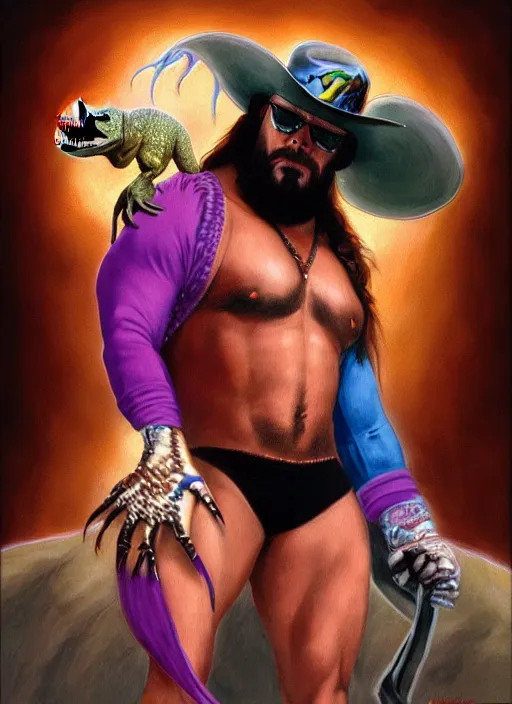 Prompt: macho man randy savage and a t - rex, romantic painting, elegant intricate digital painting artstation concept art by mark brooks and brad kunkle detailed