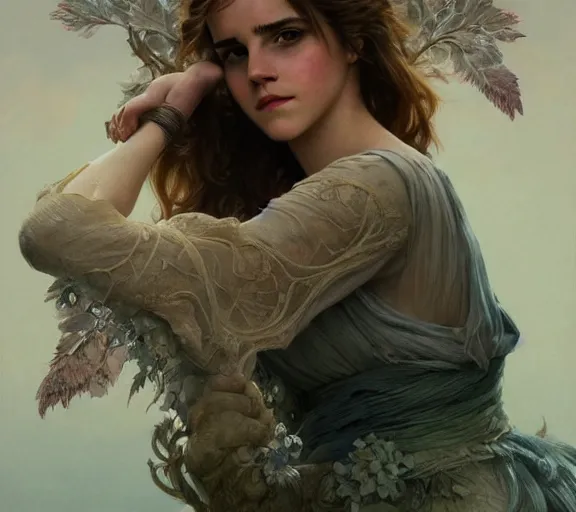 Image similar to photography of emma watson with hands - up and hairy armpits, deep focus, intricate, elegant, highly detailed, digital painting, artstation, concept art, matte, sharp focus, illustration, art by artgerm and greg rutkowski and alphonse mucha and gil elvgren