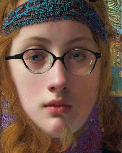 Prompt: a close up of beautiful girl wearing a balaclava and reading glasses surrounded by colourful intricate patterns, by edgar maxence and caravaggio and michael whelan, intricate painting, hyper realistic, extremely detailed and beautiful aesthetic face, 8 k resolution