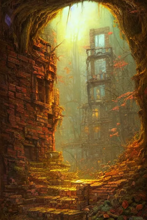 Image similar to (((((a ramshackle manhattan brick brownstone deep in the forest))))) by Justin Gerard!!!!!!!!!!!!!!!!!!!!!!!!!!!