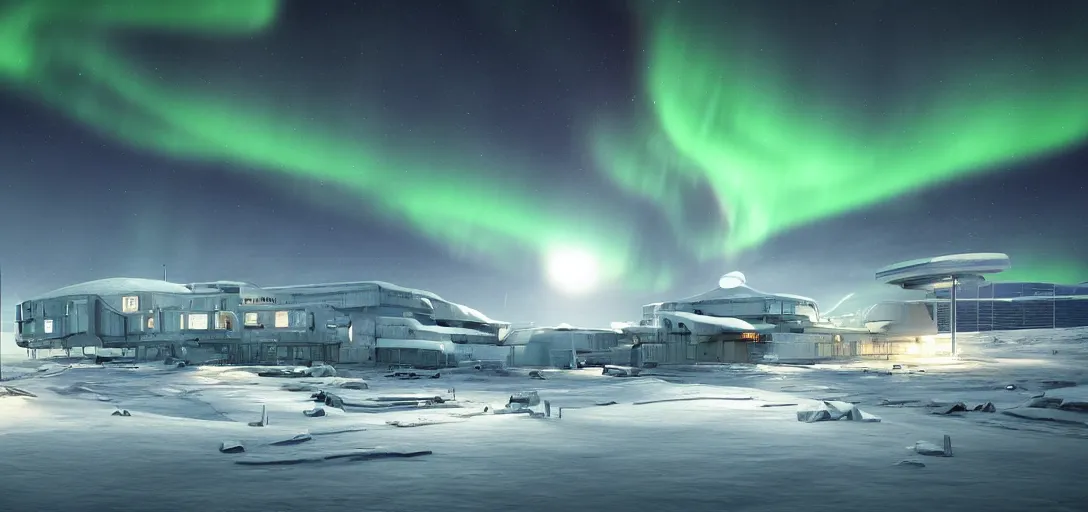 Prompt: modern research facility in the arctic at night, northern lights, aurora borealis, dramatic lighting, cinematic, establishing shot, extremely high detail, photo realistic, cinematic lighting, post processed, concept art, artstation, matte painting, style by eddie mendoza, raphael lacoste, alex ross