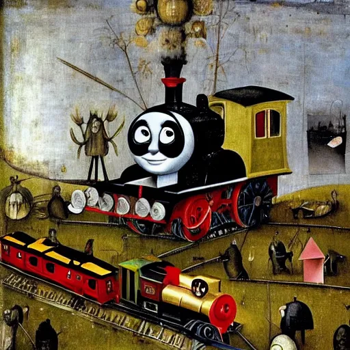 Image similar to thomas the tank engine as painted by hieronymus bosch