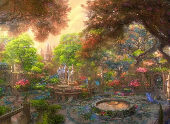 Image similar to A wide open courtyard in a beautiful, colorful elven city made of ivory, saturated colors, no haze, anime, lush trees, fountain, a fantasy digital painting by James Gurney, trending on Artstation, highly detailed