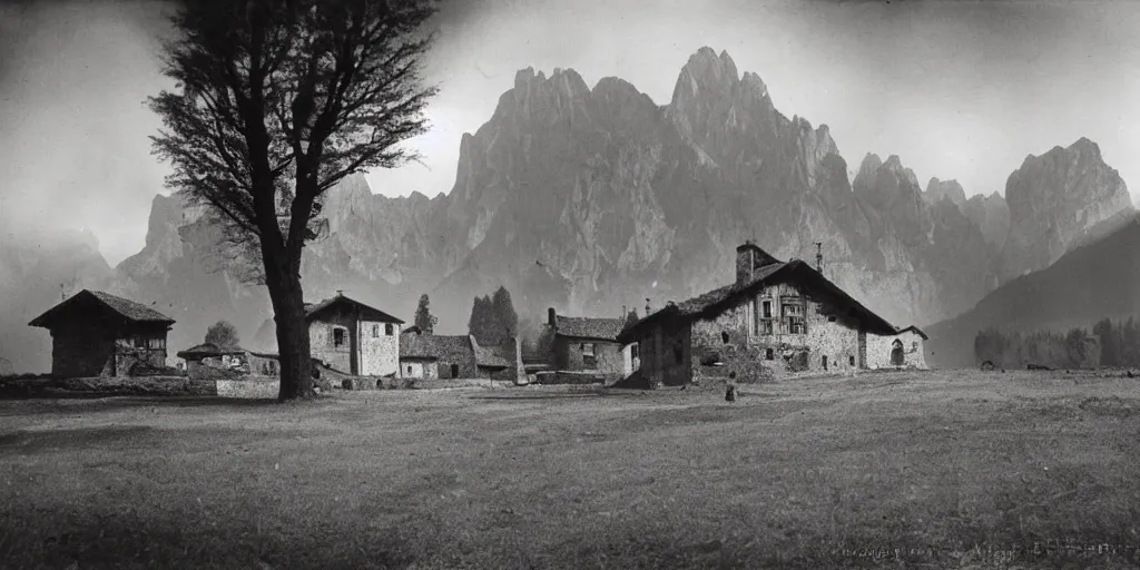 Image similar to 1920s photography of an isolated old village with ghostly wood buildings in the dolomites