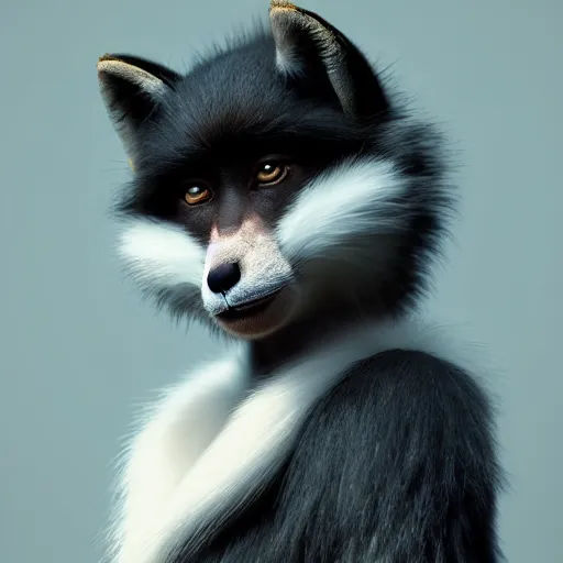 Prompt: fox as a monkey, fluffy white - fur, black - ears, stunning green - eyes, extremely long white - tail with black - tip, award winning creature portrait photography, extremely detailed, artstation, 8 k, sensual lighting, incredible art, wlop, artgerm