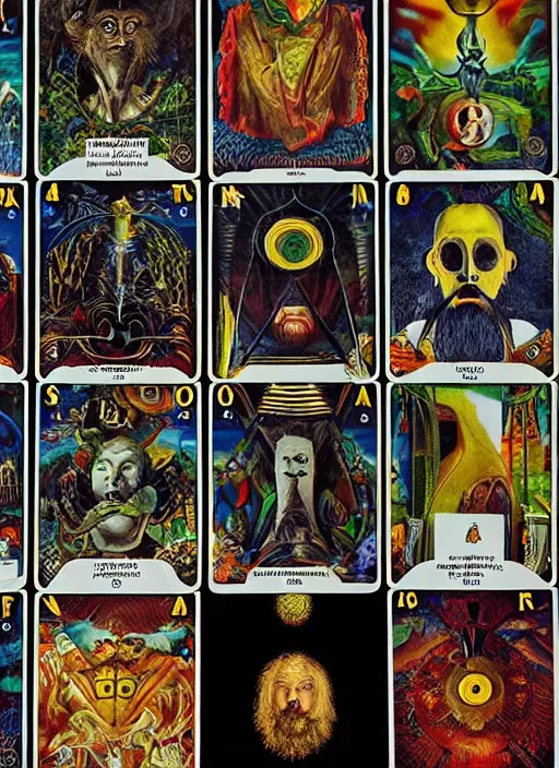 Prompt: full set of illuminati tarot cards in the style of Salvador Dali, hyper-realistic, highly detailed, intricate detail, depth of field, High definition, 8k, octane render, artstation