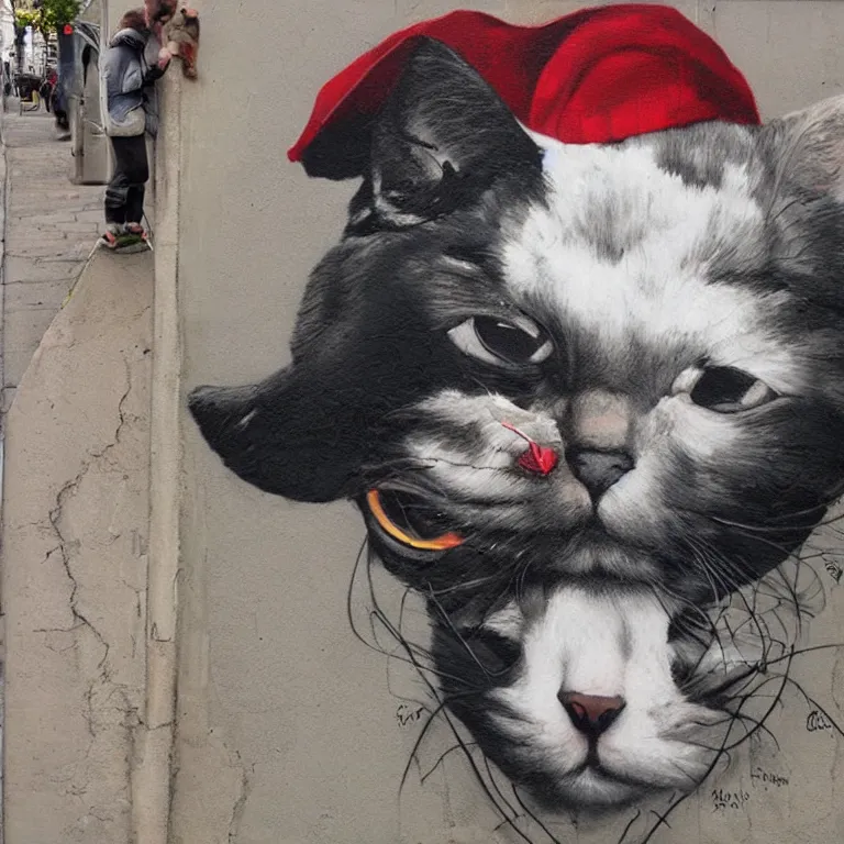 Prompt: Street-art portrait of cat-dog in style of Etam Cru, photorealism