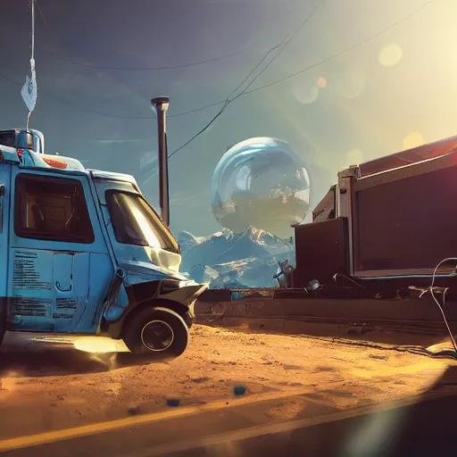 Image similar to electric vehicle plugged into a sci - fi container from apex legends, daytime, a sense of hope and optimism, hyper realistic, high res, 4 k, warm light, peaceful, serene