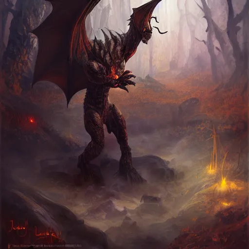 Prompt: oil painting of dragon forest, dnd character, fantasy, realistic textured skin, balrog head, glowing eyes, sharp focus, artgem, boris valejo, frank frazetta, heavy metal style, trending on artstation, digital painting, julie bell, beautiful, very detailed,