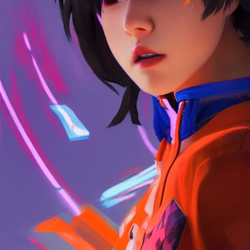 Image similar to waking dream, d. va from overwatch wearing orange ektachrome bomber jacket, craig mullins style