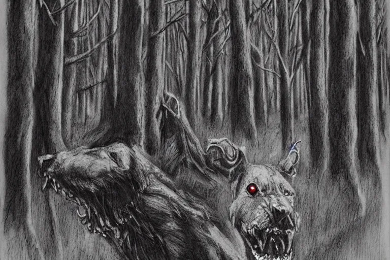 Prompt: mad creepy hellhound watching us in forest artwork by ben templesmith