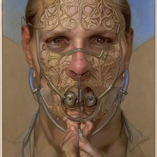 Image similar to hannibal lector, in the style of donato giancola, and in the style of vanessa lemmen, and in the style of alphonse mucha. symmetry, smooth, sharp focus, semi - realism, intricate detail.