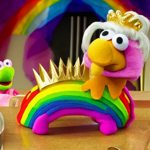 Prompt: rainbow pig wearing a gold crown as a Muppet cooking dinner 8k